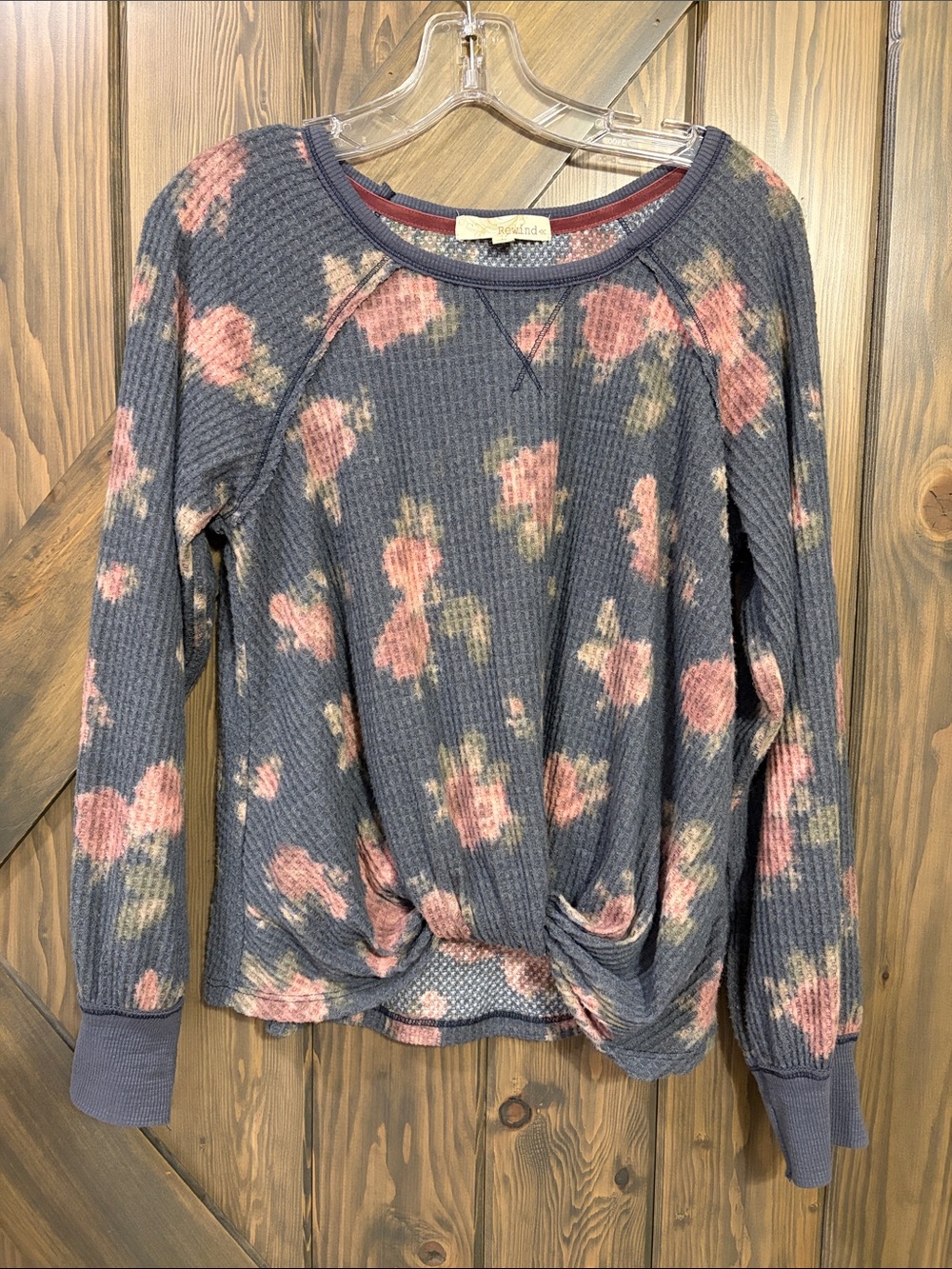 Rewind Charcoal Floral Waffle Knit Twist-Hem Top